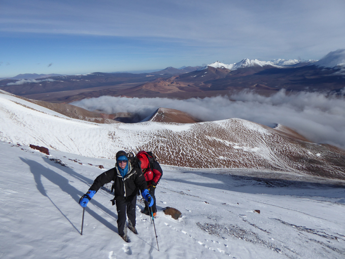 A snowy ascent of Barrancas Blancas, Chilean Puna de Atacama. 